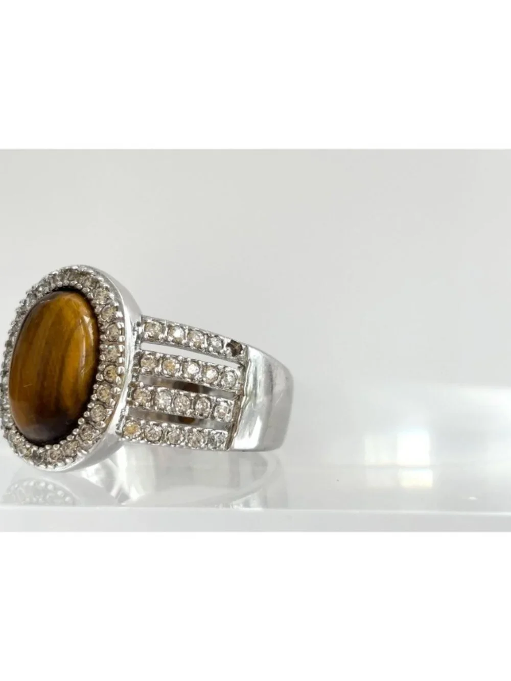 Genuine Tiger's Eye Gemstone Open Shank Sterling Silver 925 Vintage Ring - sz 8